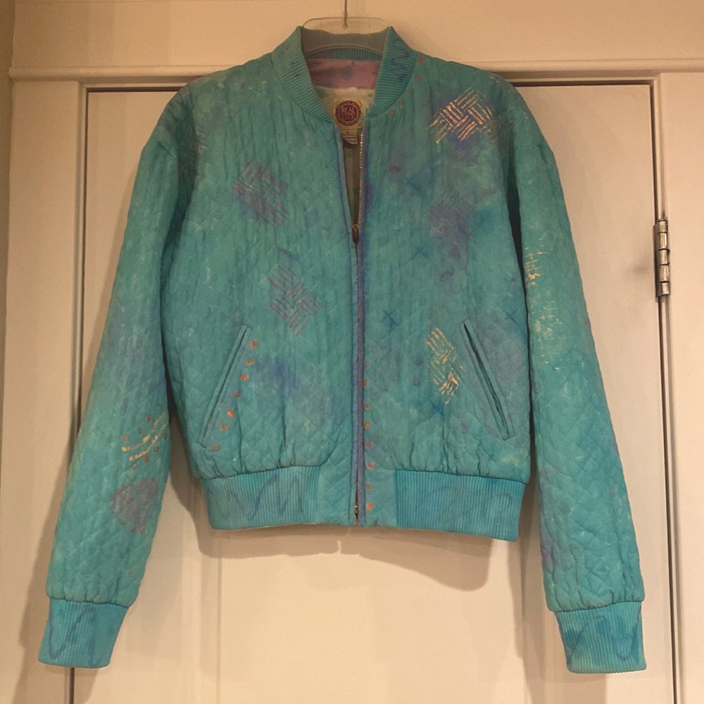 Vintage Silk Turquoise Quilted Bomber Jacket